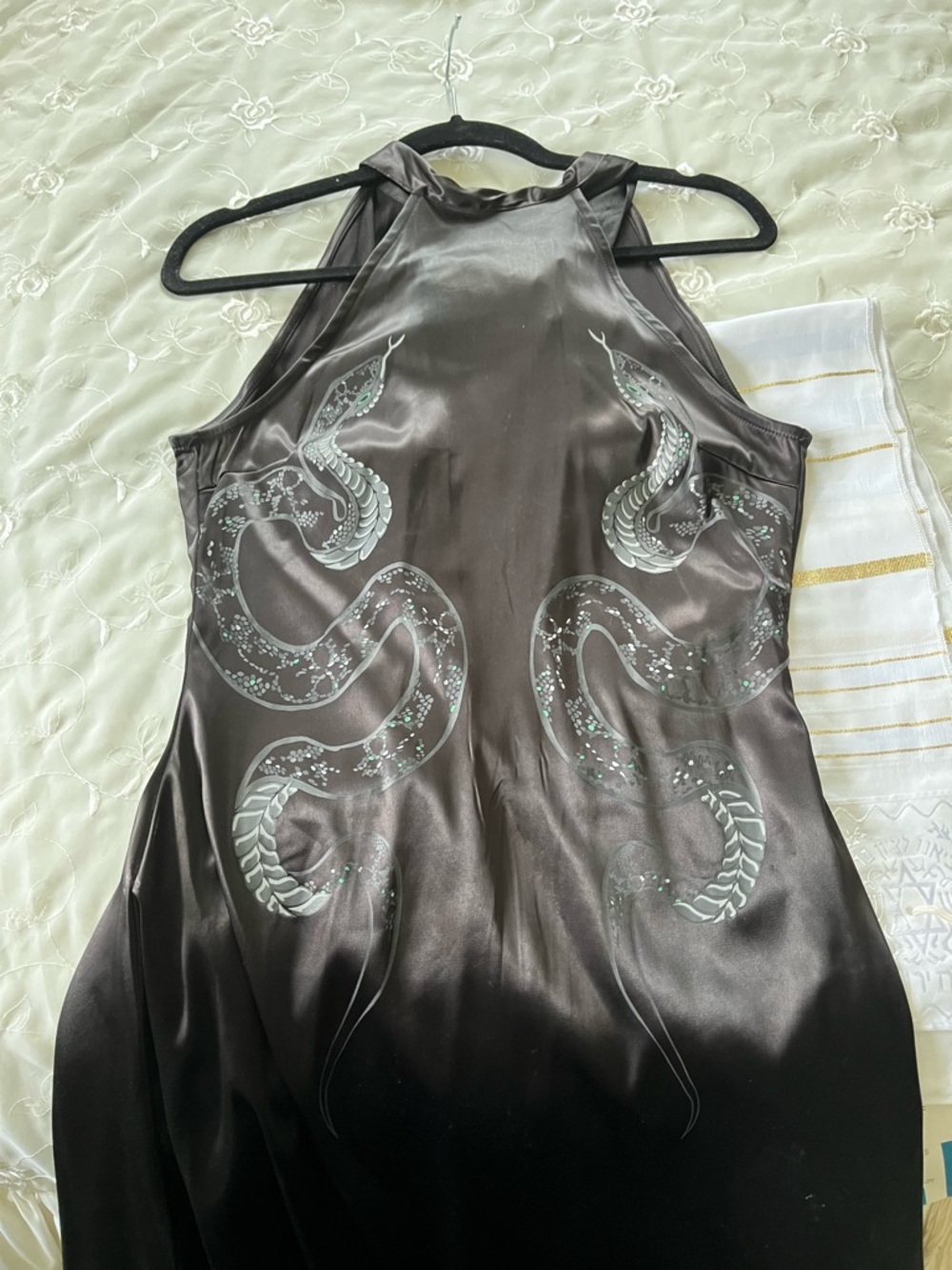 Killstar Satin Halter-Neck Low Back Dress with Serpent Motif - Black